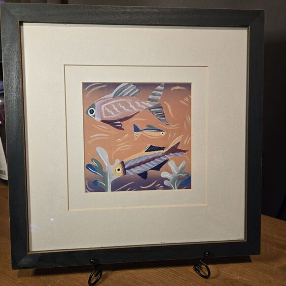 Abstract Art Print Underwater Scene W/ Tropical Fish & Coral Reef, Matted Framed - Picture 2 of 8